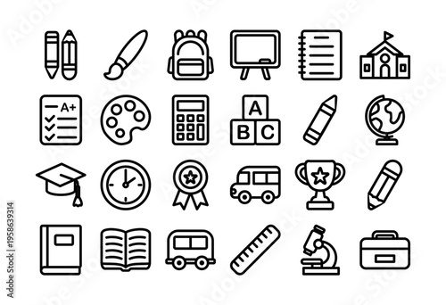 Cute school and education icons set with books, pencils, backpack, globe, bus, and classroom items in a pastel flat outline vector style