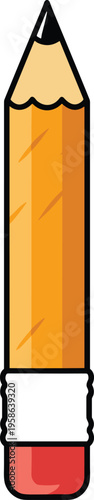 Yellow pencil vector illustration with sharpened graphite tip, red eraser, and metallic ferrule, simple cartoon design symbolizing writing, drawing, education, creativity, and art
