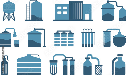 Water Purification Icons, flat vector symbols for filtration systems water treatment clean water technology water safety