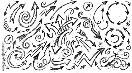 Large Collection Of Hand Drawn Grunge Arrow Icons Featuring Various Shapes Spirals Curves And Directions Vector Illustration For Infographic Design