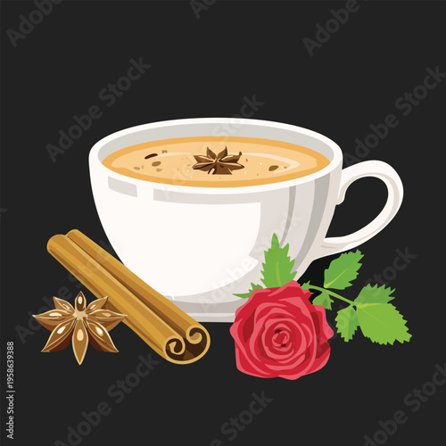 Aromatic chai tea in white cup with cinnamon sticks and rose on black background