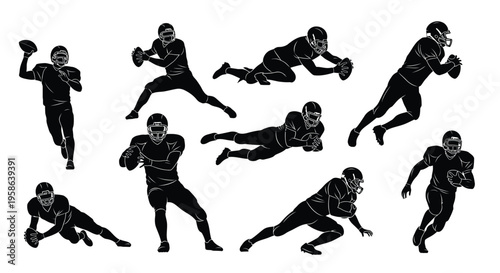Collection of dynamic black and white vector illustrations depicting various american football player actions