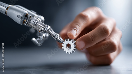 Focused conceptual shot of a clean human hand carefully positioning a single conceptual gear labeled 'PRECISION' onto a miniature, polished robotic arm model. Clean, dark grey desk