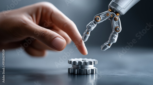 Focused conceptual shot of a clean human hand carefully positioning a single conceptual gear labeled 'PRECISION' onto a miniature, polished robotic arm model. Clean, dark grey desk