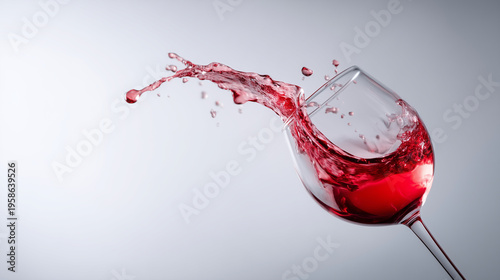 A clear wine glass with red wine splashing dynamically inside, capturing a high-speed moment with liquid forming a curved wave and droplets frozen mid-air, rich ruby red color, tra