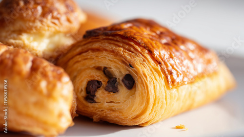 Top view Shot of close-up of a freshly baked chocolate-filled puff pastry, golden brown flaky layers with a glossy finish, rich melted chocolate spiraling through the pastry, crisp