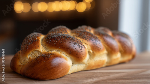 Top view shot of A freshly baked braided bread loaf with a glossy golden brown crust, soft pillowy texture, sprinkled with poppy seeds on top, placed on a wooden board, intricate w