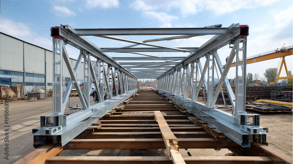Obraz premium partially assembled modular bridge structure, segments aligned but disconnected, industrial site daylight