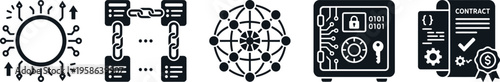 Diverse icons represent concepts of secure data, blockchain, networking, and verified contracts.