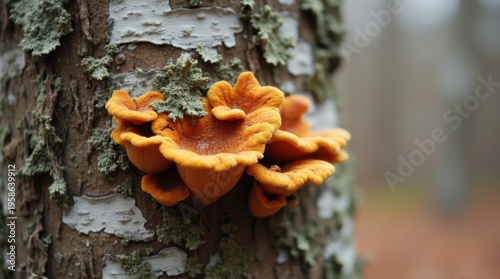 Chaga conk growing on a white birch tree trunk. 
