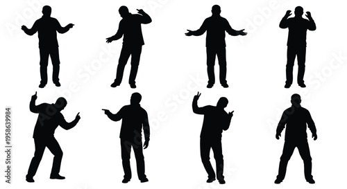 Collection of diverse male human figure silhouettes showing various dynamic poses and expressive hand gestures