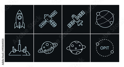 Space icons with planets and rockets.