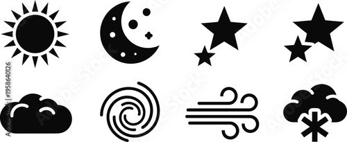 Weather icons set including sun moon stars cloud wind and snowflake symbols