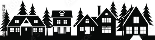 Suburban neighborhood houses with pine trees silhouette, residential skyline vector illustration in black isolated on white background