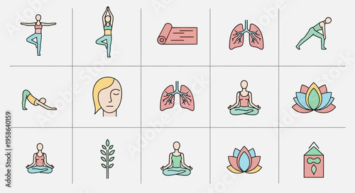 Yoga poses and symbols icons.