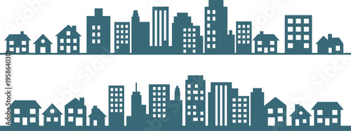 Urban city skyline and suburban houses silhouette banner, modern residential and commercial buildings panorama, flat vector illustration isolated on white background