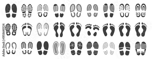 Human Footprints black vector silhouettes of foot imprints boot footsteps shoe sneaker tracks male female high heel barefoot adult children sand beach walking steps flat minimal design