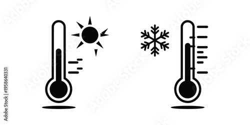 Hot and cold temperature thermometer icons set, vector illustrations representing heat and cold, minimal flat and outline design for weather, climate, medical, and environmental applications.