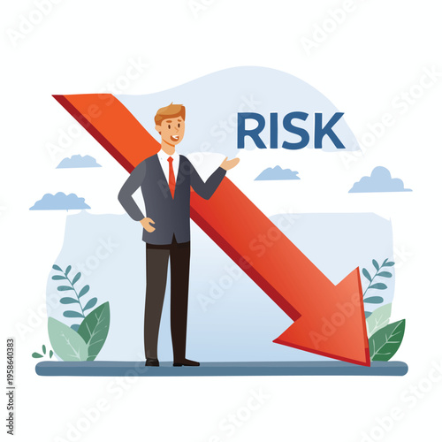 Businessman pointing at a large downward arrow indicating financial risk