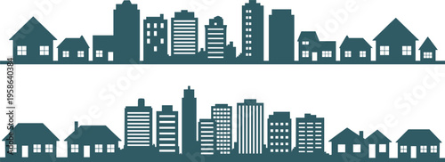 Urban city skyline with suburban houses silhouette banner, modern residential and commercial buildings panorama, flat vector illustration isolated on white background