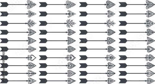 Large collection of ornate black arrow icons featuring elegant filigree tips heart shapes and vintage decorative flourishes for wedding invitations and romantic design projects
