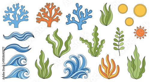 Set of 16 ocean and seaweed icons vector