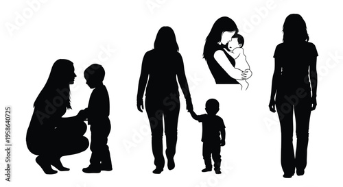 Collection of versatile black silhouette vector graphics depicting mothers interacting with their young children.