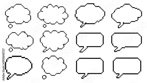 Pixel art cloud speech bubble vector set with 8 bit comic text boxes, retro game dialogue, thought bubbles, chat boxes with shadow, pixelated messaging elements isolated on white