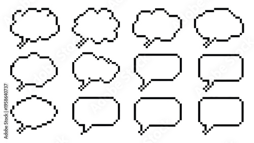 Pixel art cloud speech bubble vector set with 8 bit comic text boxes, retro game dialogue, thought bubbles, chat boxes with shadow, pixelated messaging elements isolated on white