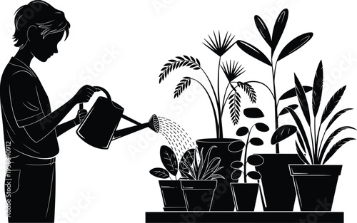 Young man silhouette watering indoor potted plants, home gardening activity with tropical houseplants 