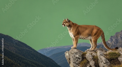 Majestic Mountain Lion Standing Alert on a Rocky Clifftop Overlooking Scenic Valley Landscape