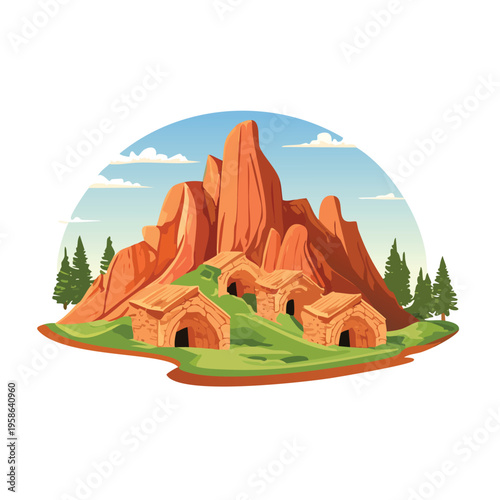 Cartoon illustration of a mountain and small cave homes on a grassy landscape