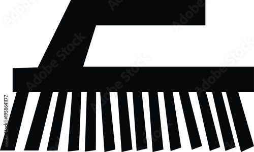 A black silhouette of a cleaning brush with a handle and bristles, depicted against a stark white background. representing a  common household or industrial cleaning tool. 