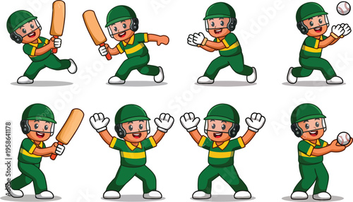 Cartoon Cricket Player Character in Various Poses