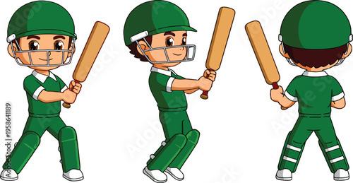 Cartoon Cricket Player Character in Various Poses