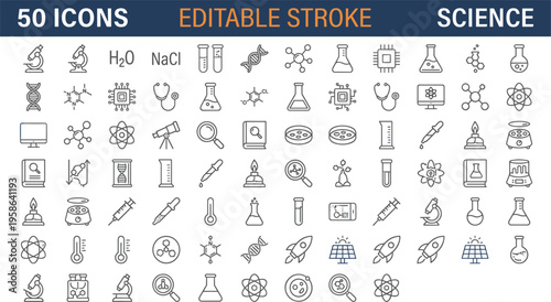 Large set of fifty science and laboratory vector icons featuring research equipment microscope test tubes molecules atom and dna symbols on white background