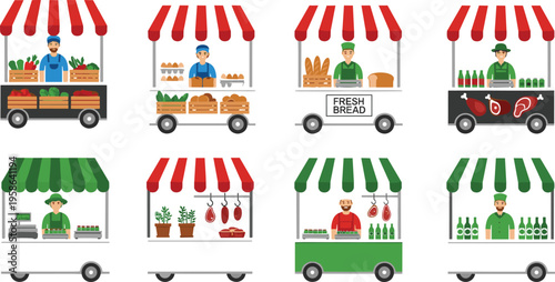 Set of street market food stalls featuring vendors selling fresh bread, vegetables, meat, and bottled drinks in flat vector style.