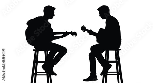Vector graphic illustration of two male musicians playing acoustic guitars during a collaborative performance.