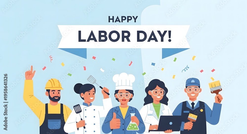 Naklejka premium Happy labor day celebration with diverse workers and professionals