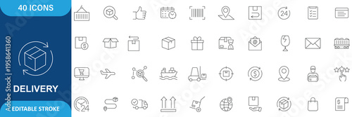 Delivery Icon Set. Containing delivery, shipping, courier, logistics, transport, package, parcel, distribution, warehouse, supply chain and etc. Editable stroke. Vector file.
