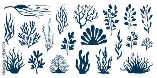 Aquatic seaweed silhouettes vector collection with underwater flora and marine plant shapes, leaves and algae for aquarium decoration, ocean botanical elements isolated on white