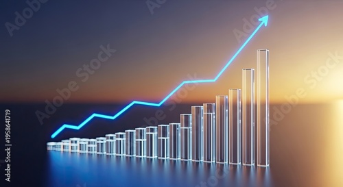 Glass bar chart with rising blue line graph indicating growth