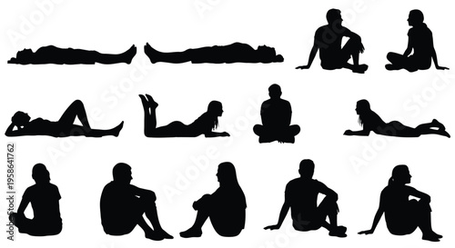 Collection of black silhouette vector illustrations depicting people in various relaxing and lounging poses