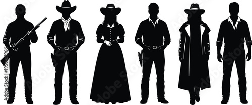 Set of wild west character silhouettes featuring cowboys, cowgirls, gunfighters with rifles, outlaws, and pioneers in classic western frontier attire.