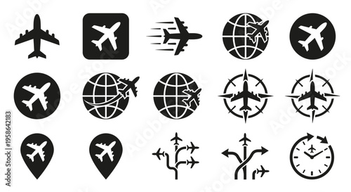 Professional collection of black airplane and aviation icons featuring globes, location pins, flight paths, and arrival/departure symbols isolated on white background for travel and transportation con