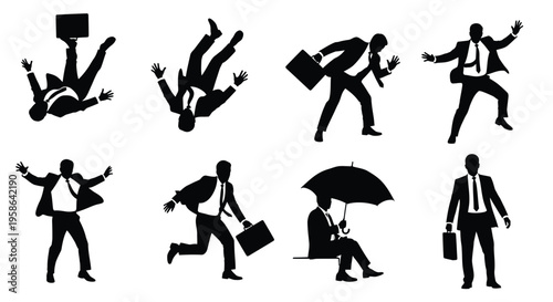 Dynamic vector graphic illustration of businessman silhouettes showcasing different professional actions and challenges