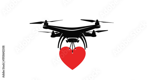 A red heart is carried by a drone in a striking silhouette