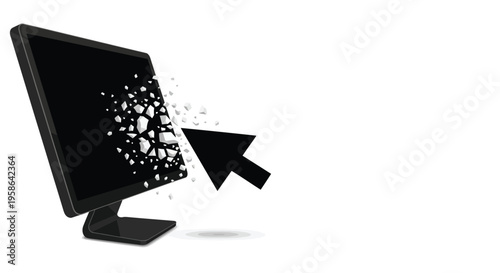 Computer screen shattering with a cursor digital destruction effect silhouette