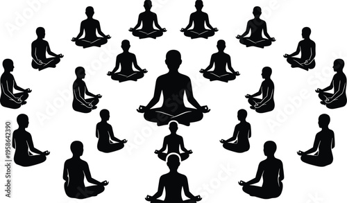 Yoga meditation silhouette set lotus pose people black vector illustration isolated mindfulness wellness relaxation design elements collection