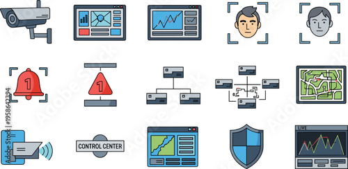 Surveillance system and facial recognition icons set, flat vector illustrations of security cameras, control center dashboard, biometric scanning and live monitoring analytics isolated on white